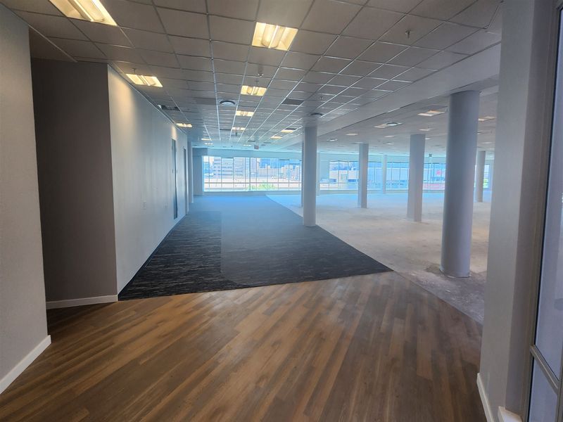 Spacious open-plan office area featuring large windows, structural columns, a suspended ceiling, and a mix of carpet and wood-look flooring.