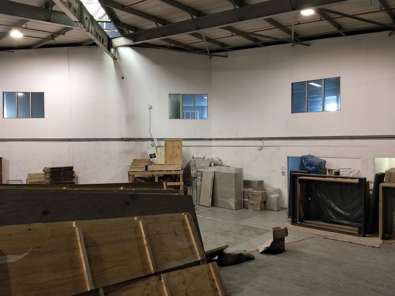 Spacious industrial utility area featuring high-level windows, exposed steel roof trusses, and durable concrete flooring, suitable for storage or workshop operations.