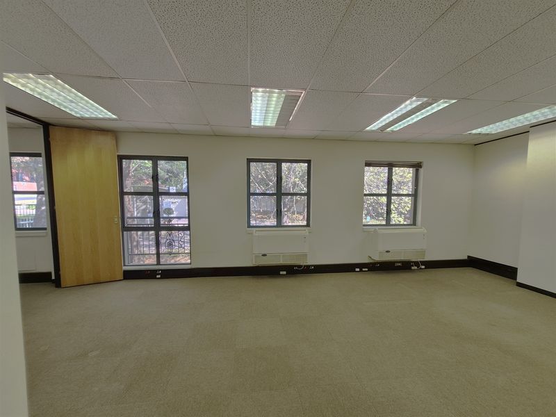 A spacious, empty office area featuring a suspended ceiling, recessed lighting, carpeted flooring, and under-window HVAC units with natural light.