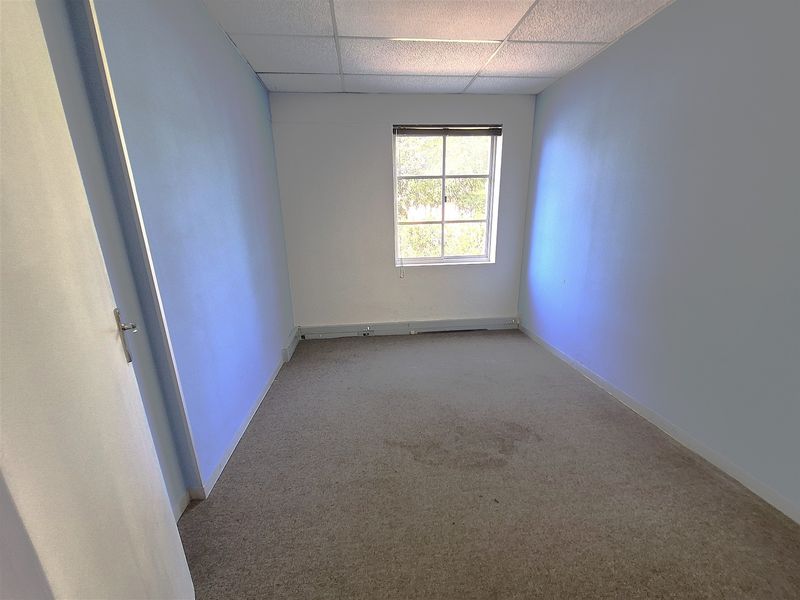 A vacant office space featuring a suspended ceiling, carpeted flooring, and a single window providing natural light.