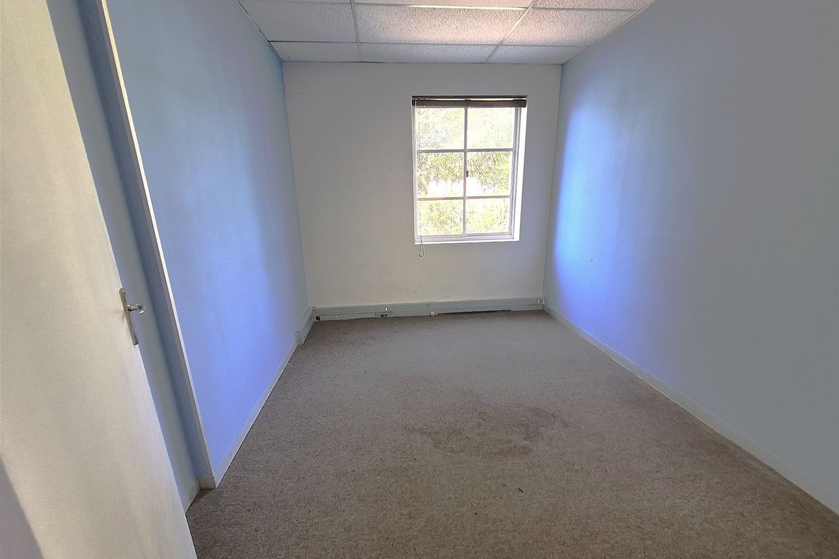A vacant office space featuring a suspended ceiling, carpeted flooring, and a single window providing natural light.