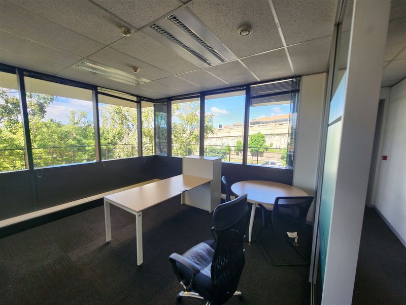 A bright office space featuring large windows with natural light, suspended ceilings, and carpeted flooring, suitable for a professional work environment.
