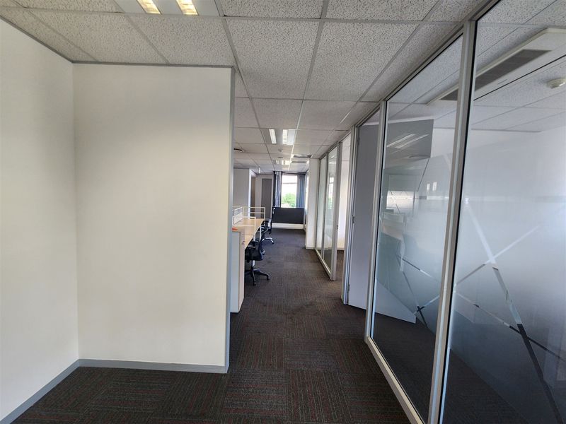 A professional office corridor featuring glass partitioning, suspended ceilings with recessed lighting, and durable carpet tiles, providing a functional workspace layout.