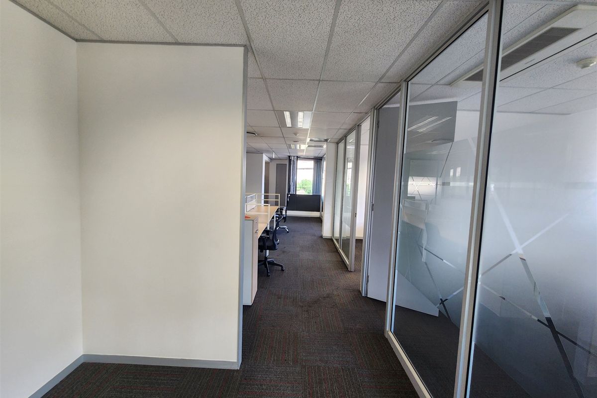 A professional office corridor featuring glass partitioning, suspended ceilings with recessed lighting, and durable carpet tiles, providing a functional workspace layout.