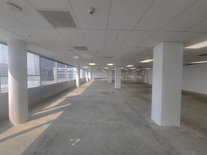 A spacious, open-plan office area featuring a suspended ceiling, recessed lighting, large windows providing natural light, and structural columns, ready for custom fit-out.