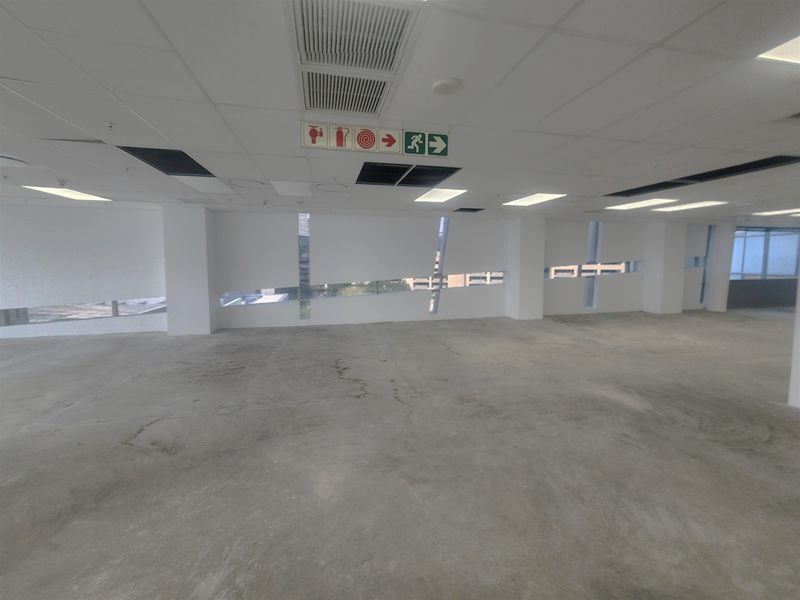 An open-plan office space featuring a suspended ceiling, recessed lighting, and concrete flooring, currently in a vacant, shell-like condition.