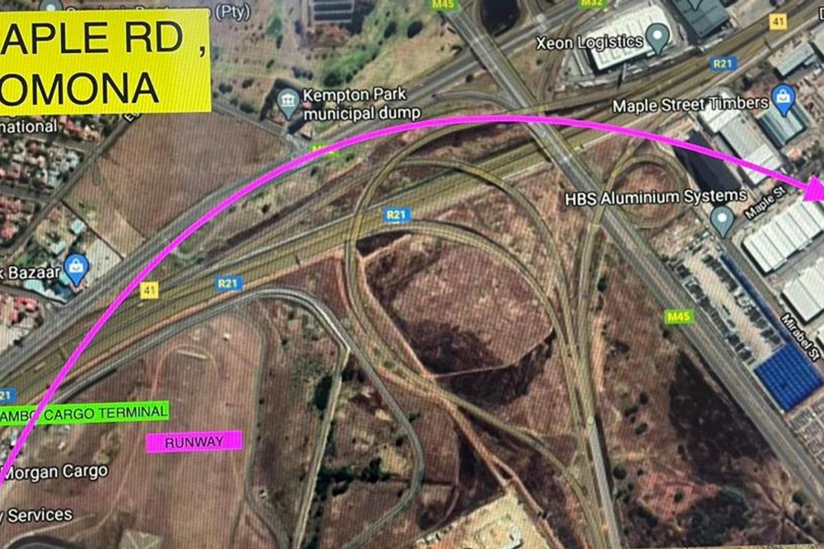 An aerial map view showing the location of the industrial property at 84 Maple Road, Pomona, in relation to major transport routes and infrastructure.