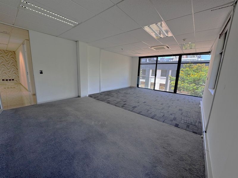 A bright, open-plan office space featuring neutral carpet tiles, a suspended ceiling with recessed lighting, and large windows providing natural light.
