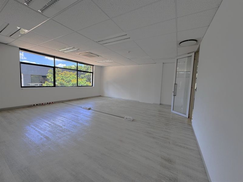 A bright, open-plan office space featuring modern laminate flooring, a suspended ceiling with recessed lighting, and large windows providing natural light.