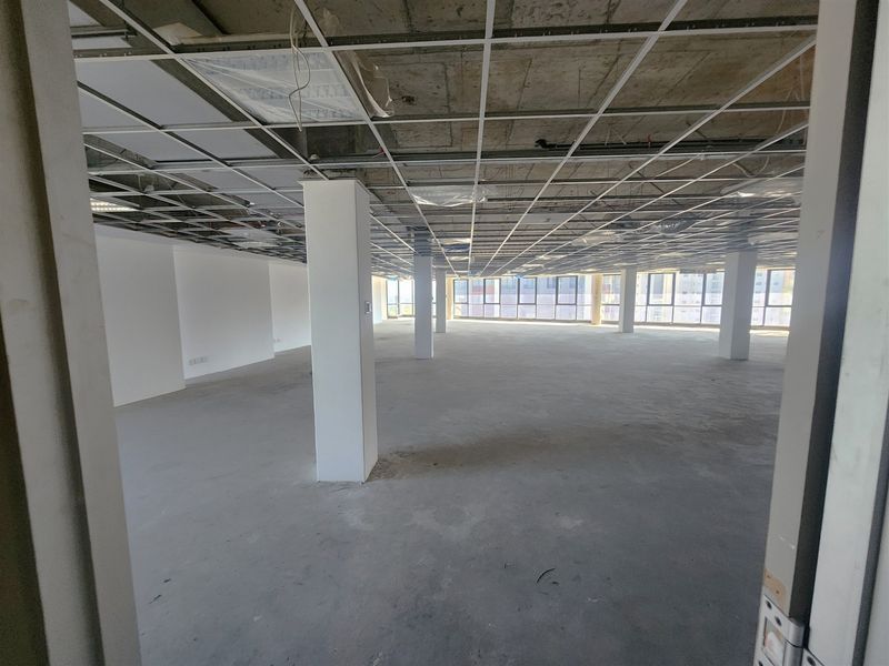 An expansive, open-plan office space currently in shell condition, featuring a suspended ceiling grid, structural columns, and large windows providing ample natural light.