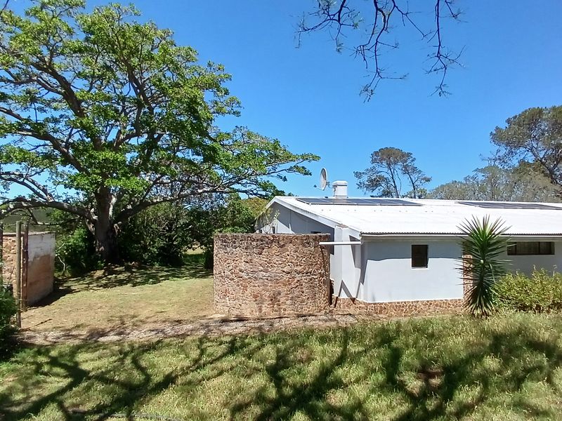 Rear view of the farm dwelling featuring stone masonry accents, a corrugated metal roof with solar panels, and surrounding mature trees.