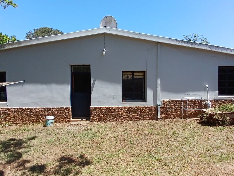 Rear elevation of a farm-style dwelling featuring stone cladding, metal-framed windows, and a simple exterior finish.