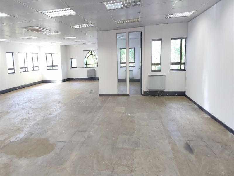 An expansive, empty office space featuring a suspended ceiling, recessed lighting, wall-mounted HVAC units, and multiple windows providing natural light.