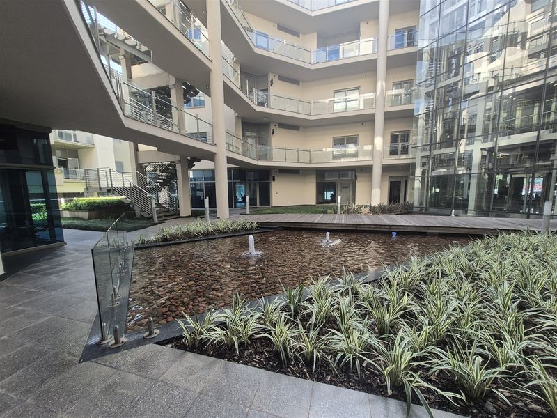 A modern office complex courtyard featuring a central water feature, timber decking, and multi-level glass-fronted office spaces with contemporary architectural finishes.
