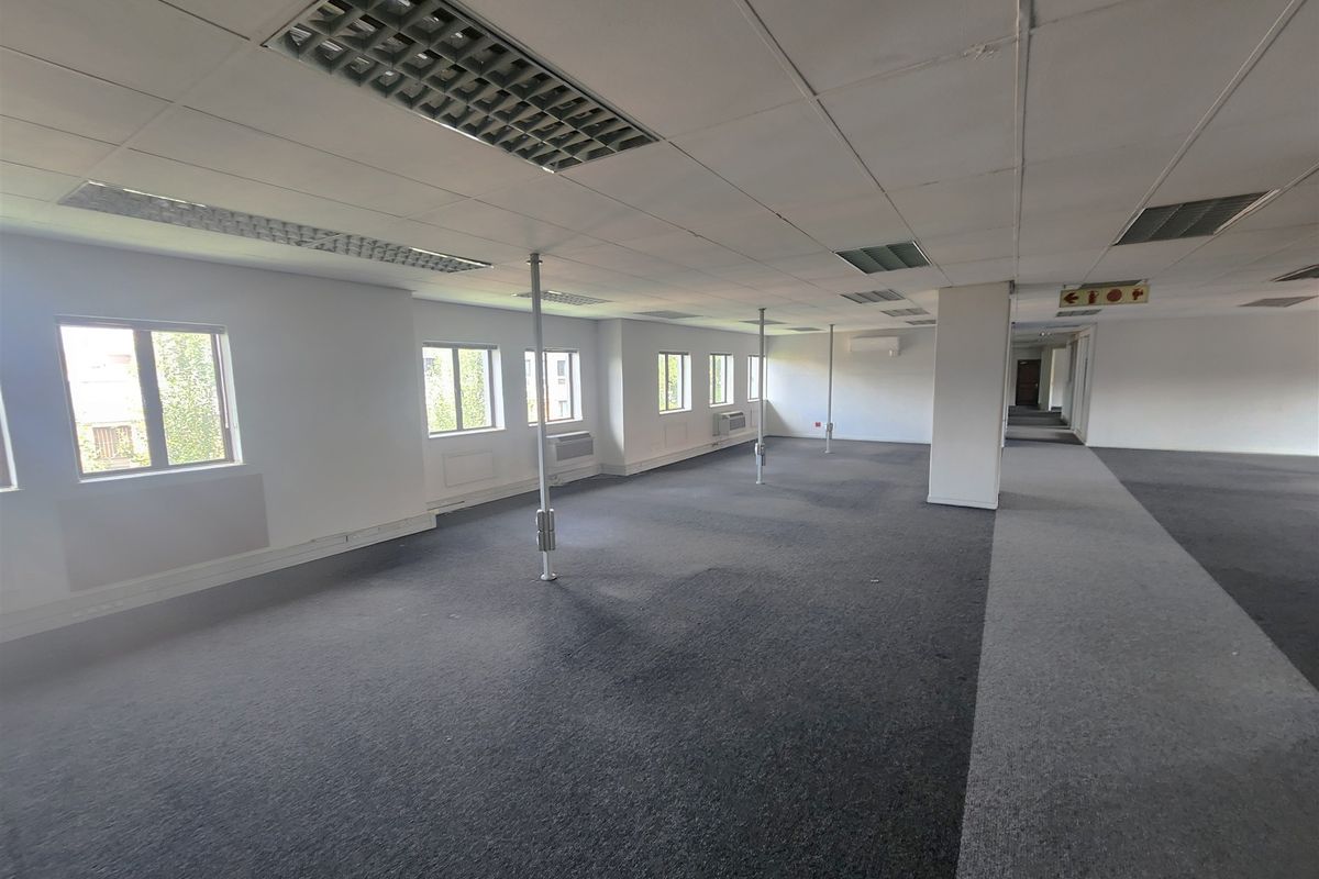 A spacious, open-plan office area featuring suspended ceilings, recessed lighting, carpeted flooring, and multiple windows providing natural light.