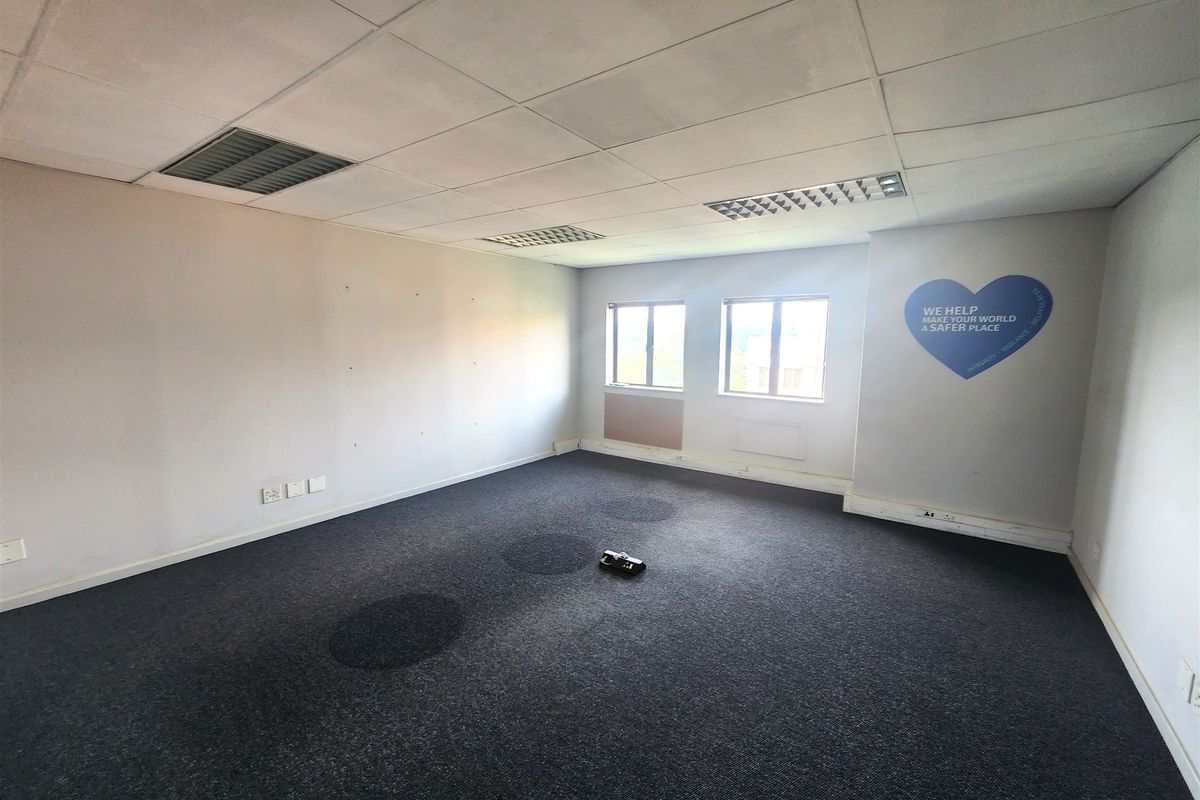 An empty office space featuring a suspended ceiling, recessed lighting, and dark carpet flooring, suitable for a professional workspace setup.