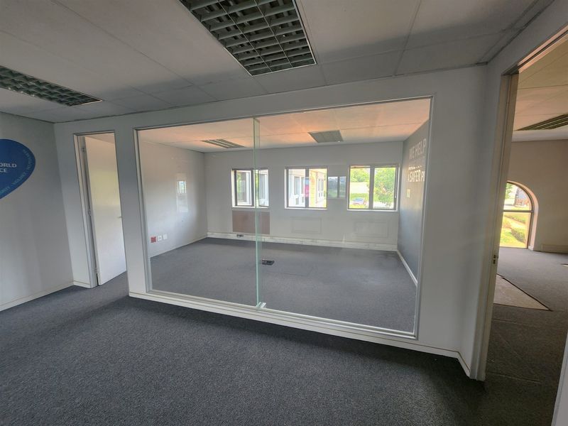 An empty office space featuring a large glass partition wall, suspended ceiling with recessed lighting, and carpeted flooring.