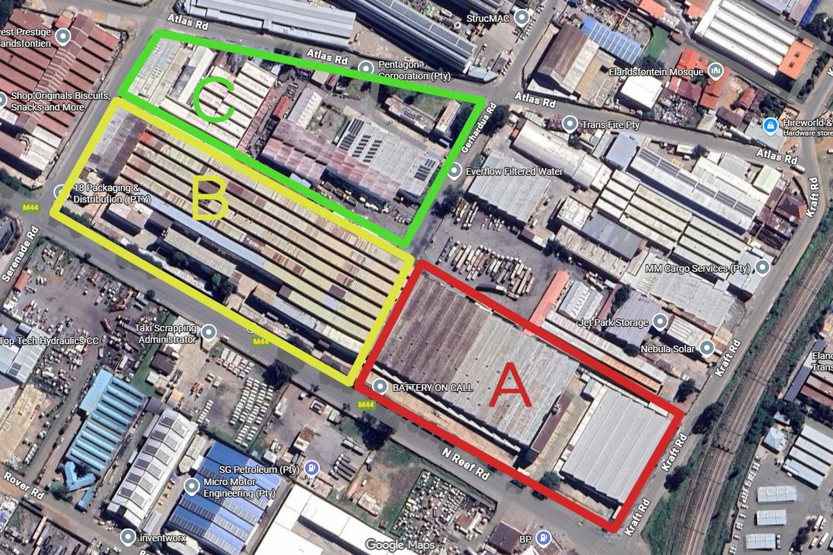 Aerial view of an industrial property complex featuring three distinct warehouse sections labeled A, B, and C with extensive roof coverage.