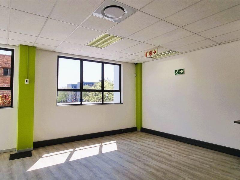 A bright, empty office space featuring laminate flooring, suspended ceilings with recessed lighting, and large windows providing natural light.