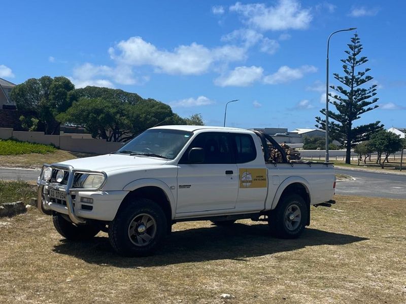 A white pickup truck parked on a dry grass verge in a residential area.
