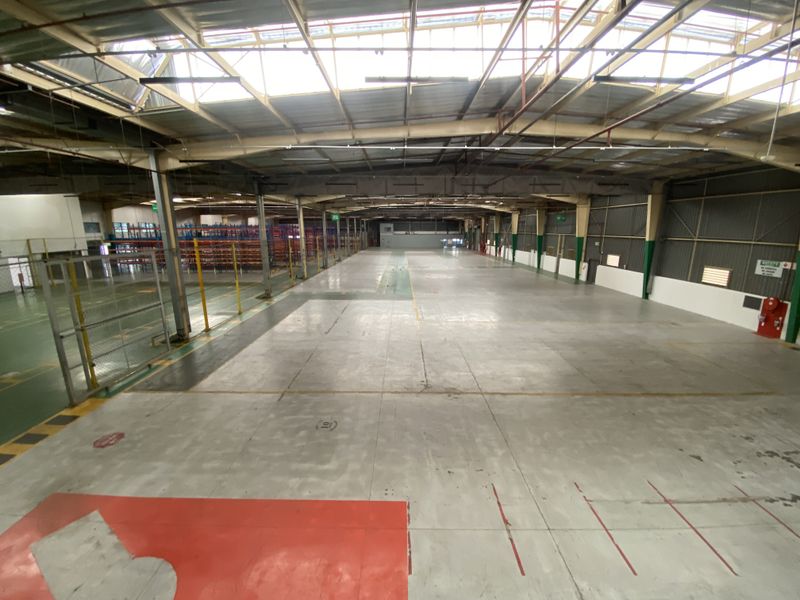 Expansive industrial warehouse space featuring high ceilings with skylights, concrete flooring, fire sprinkler system, and integrated industrial racking infrastructure.