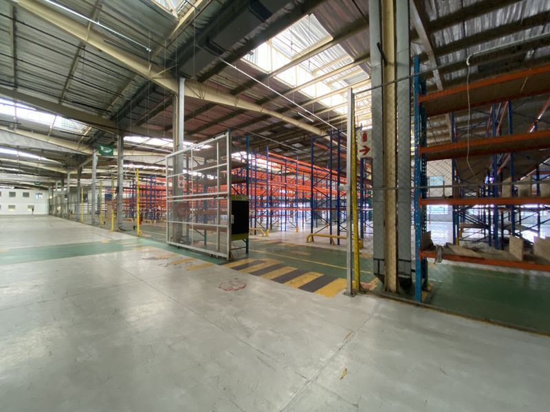 Spacious industrial warehouse featuring high ceilings with skylights, heavy-duty racking systems, and durable concrete flooring suitable for logistics or manufacturing operations.