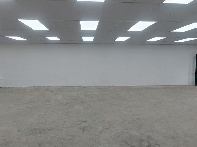 A spacious, open-plan retail unit featuring a concrete floor, recessed drop ceiling with integrated lighting, and a glass entrance door.