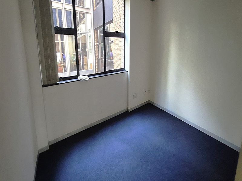 A vacant office space featuring a suspended ceiling, carpeted flooring, and a large window providing natural light.