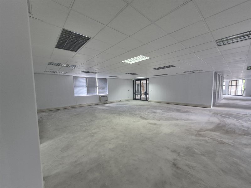 A spacious, vacant open-plan office area featuring a suspended ceiling, recessed lighting, and large windows with blinds, ready for custom flooring and fit-out.
