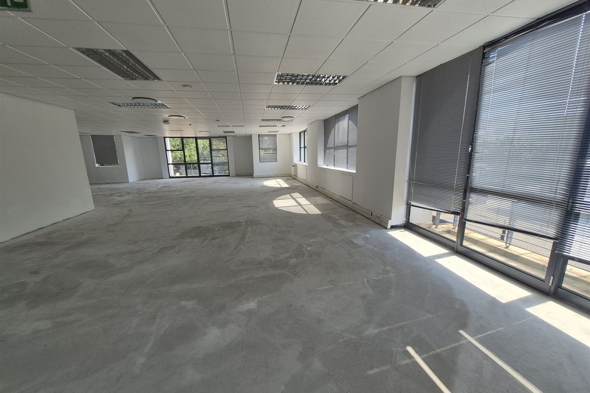Spacious open-plan office area featuring large windows with blinds, suspended ceilings with recessed lighting, and an unfinished concrete floor ready for custom flooring installation.