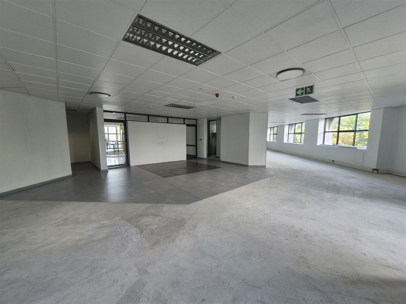 Spacious open-plan office area featuring a mix of tiled and concrete flooring, suspended ceilings with recessed lighting, and large windows providing natural light.