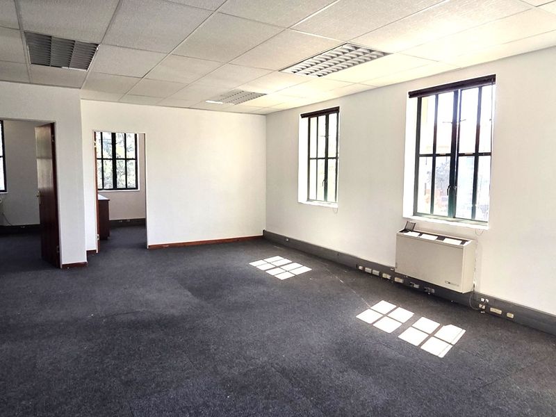 An open-plan office space featuring a suspended ceiling, recessed lighting, carpeted flooring, and large windows providing natural light.