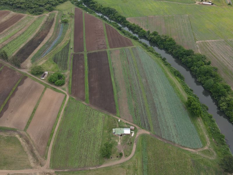 Aerial view of a large farm property featuring extensive cultivated agricultural fields, internal farm roads, and direct river frontage.