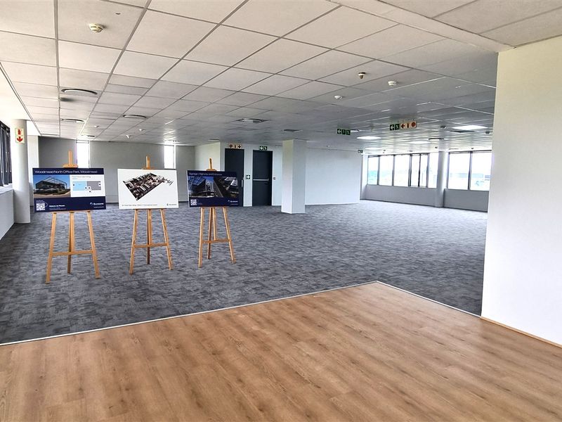 A spacious, open-plan office area featuring a mix of carpet and laminate flooring, large windows for natural light, and a modern suspended ceiling.