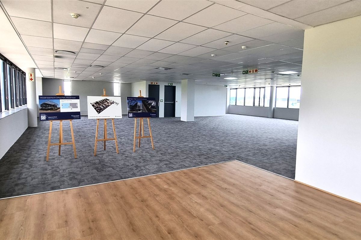 A spacious, open-plan office area featuring a mix of carpet and laminate flooring, large windows for natural light, and a modern suspended ceiling.
