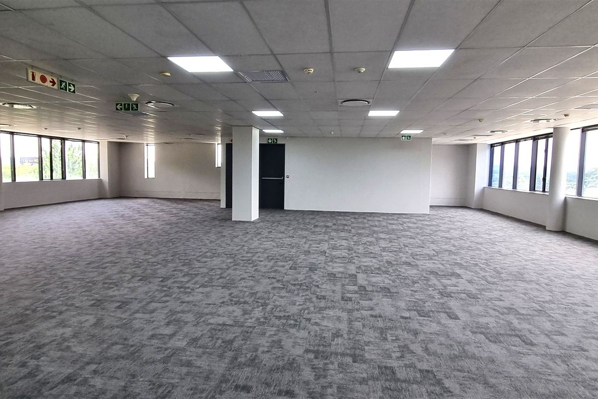 A spacious, open-plan office area featuring neutral carpet tiles, a suspended ceiling with recessed lighting, and expansive windows providing ample natural light.