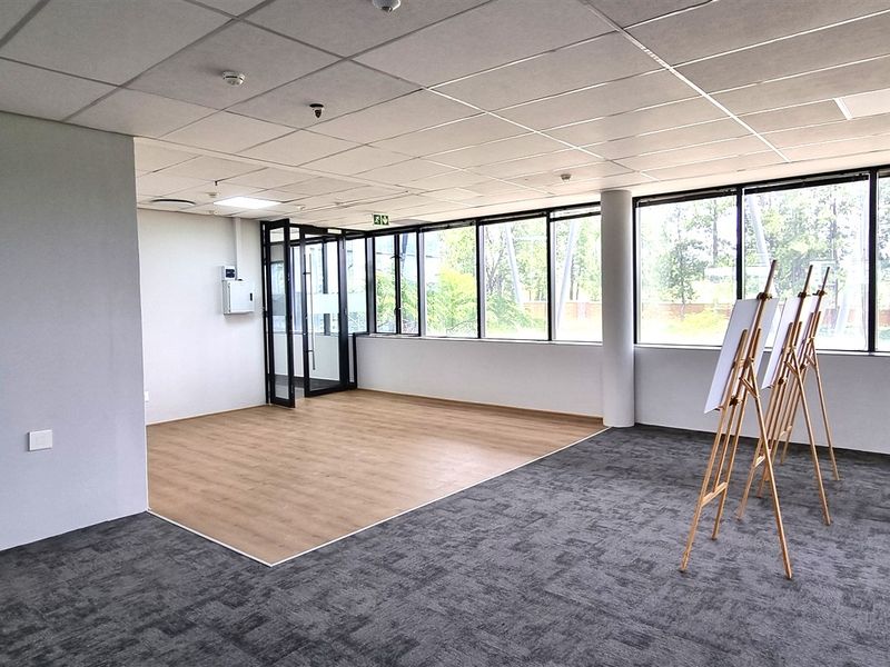 A bright, open-plan office space featuring a mix of carpet and laminate flooring, large windows providing natural light, and a suspended ceiling.