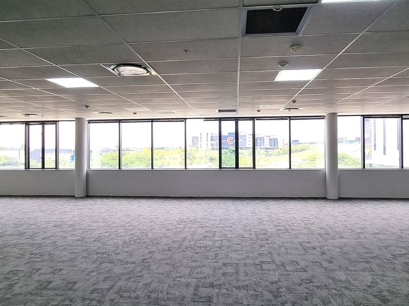 A spacious, open-plan office area featuring large windows, neutral carpeting, and a suspended ceiling with integrated lighting and climate control systems.