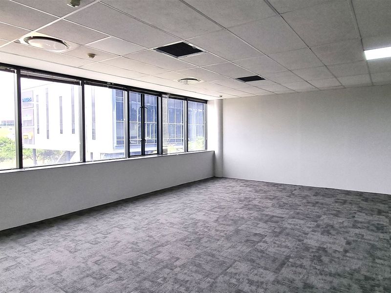 A bright, open-plan office space featuring large windows, carpeted flooring, and a modern suspended ceiling with integrated lighting and air conditioning.