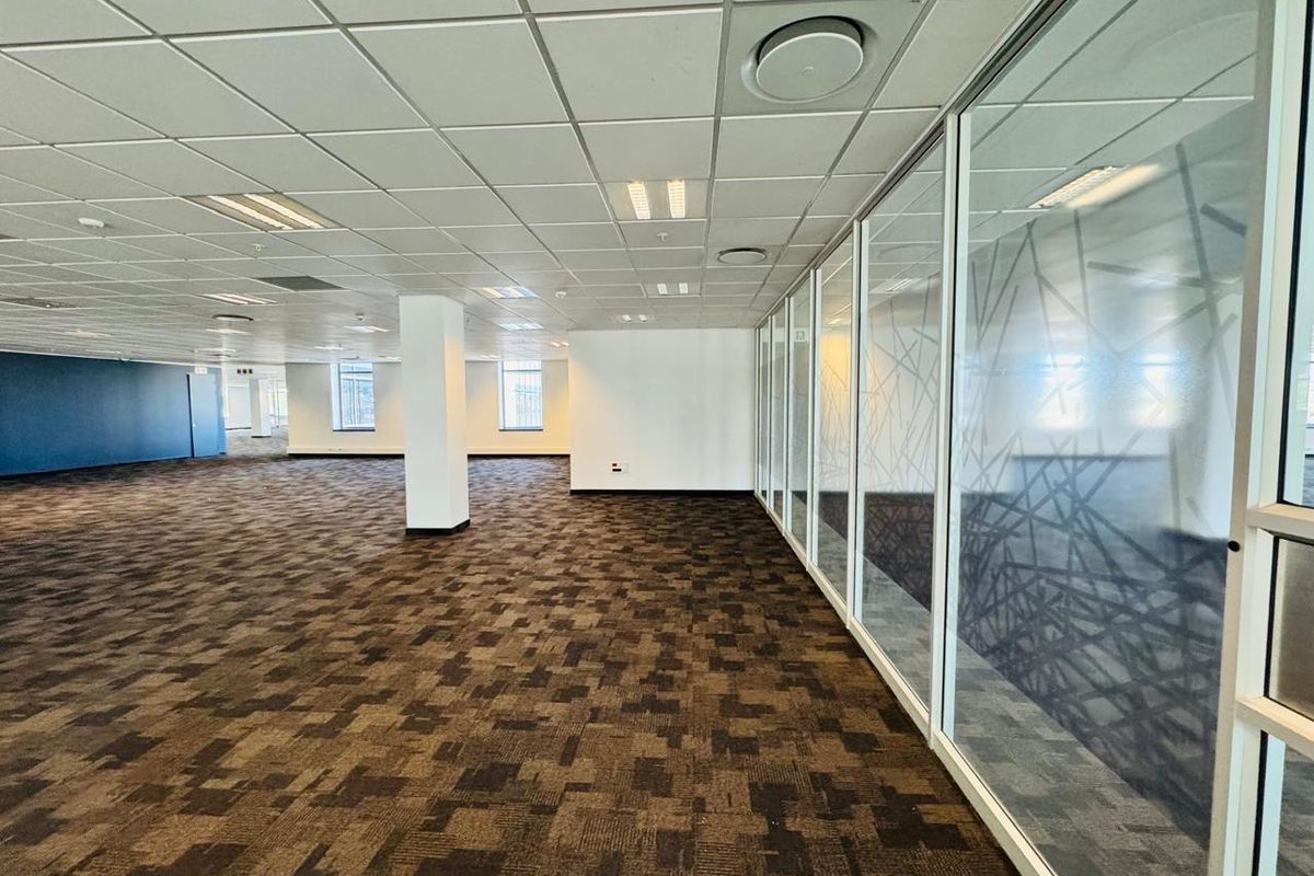 Spacious open-plan office area featuring modern glass partitions, suspended ceilings with recessed lighting, and durable carpet tiles throughout.