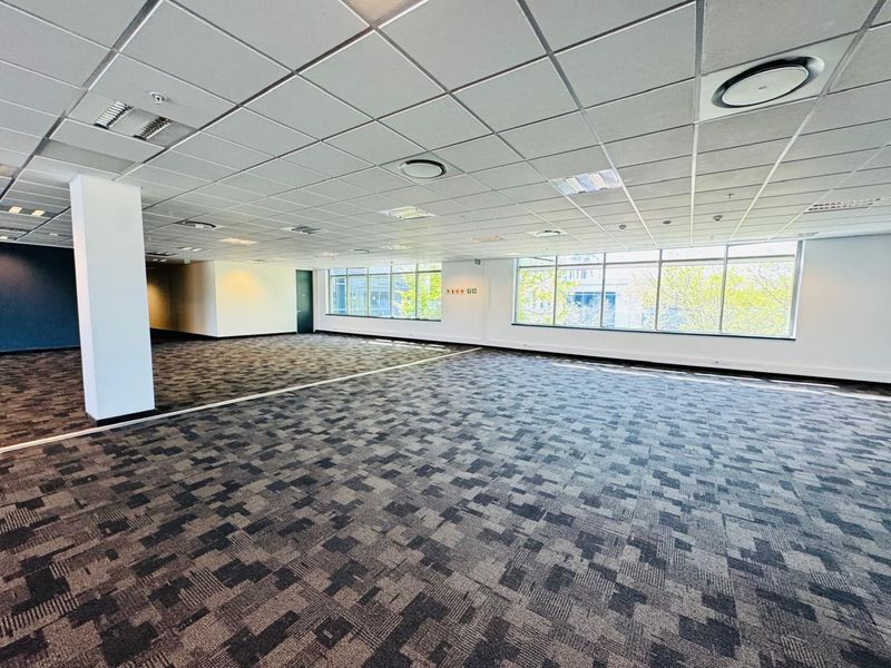 A spacious, open-plan office area featuring a suspended ceiling, recessed lighting, large windows providing natural light, and modern patterned carpet tiles.