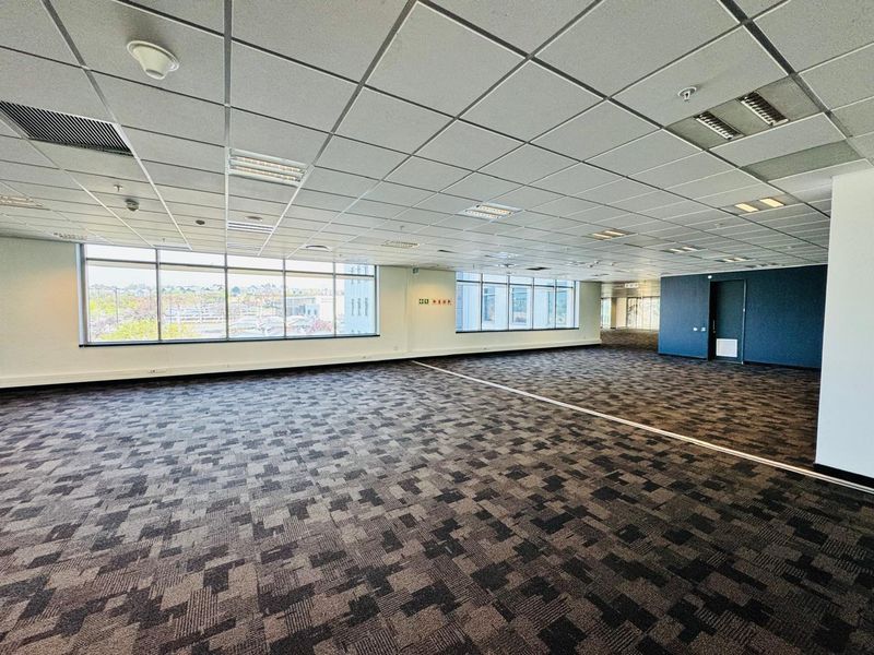Spacious open-plan office area featuring large windows, carpeted flooring, and a suspended ceiling with integrated lighting and climate control systems.