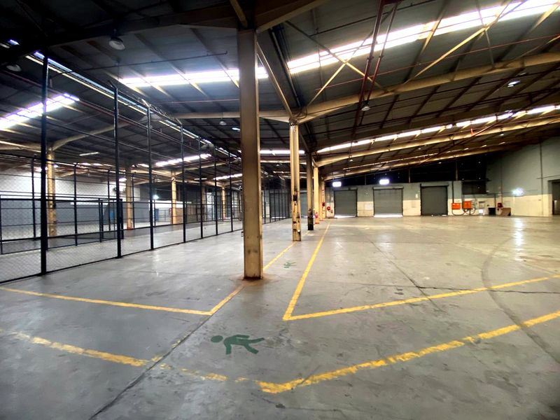 Spacious industrial warehouse featuring high ceilings with skylights, concrete flooring, steel support columns, and multiple roller shutter doors for efficient access.