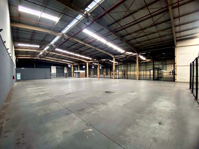 Spacious industrial warehouse featuring high ceilings with exposed steel trusses, integrated skylights, durable concrete flooring, and internal metal mesh partitioning.