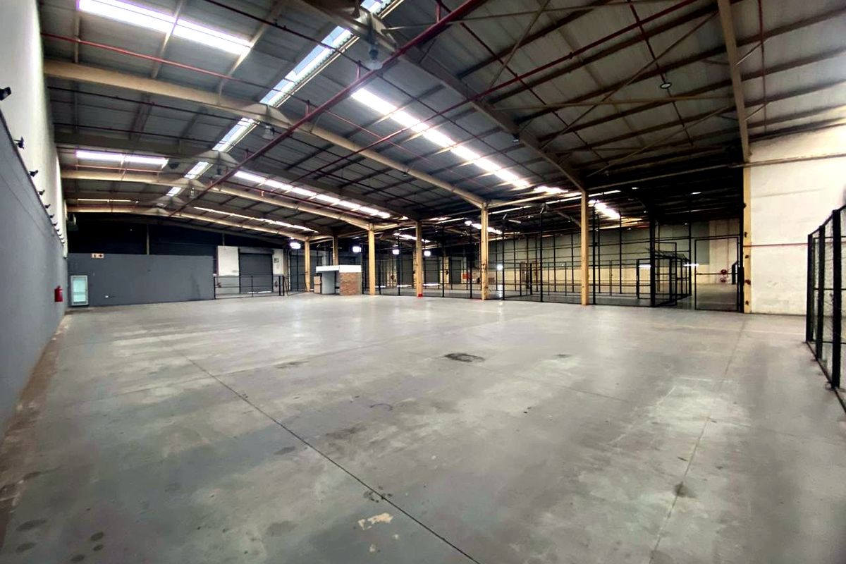 Spacious industrial warehouse featuring high ceilings with exposed steel trusses, integrated skylights, durable concrete flooring, and internal metal mesh partitioning.