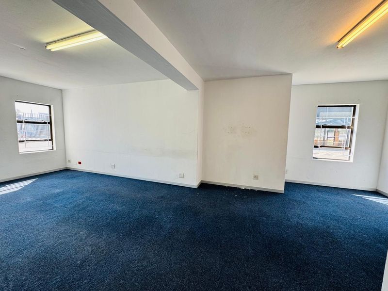 An empty, open-plan office space featuring blue carpeting, fluorescent lighting, and multiple windows providing natural light.