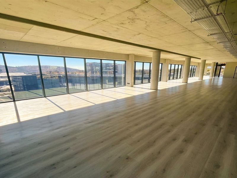 Spacious open-plan office area featuring floor-to-ceiling windows, exposed concrete ceilings with industrial cable trays, and modern laminate flooring.