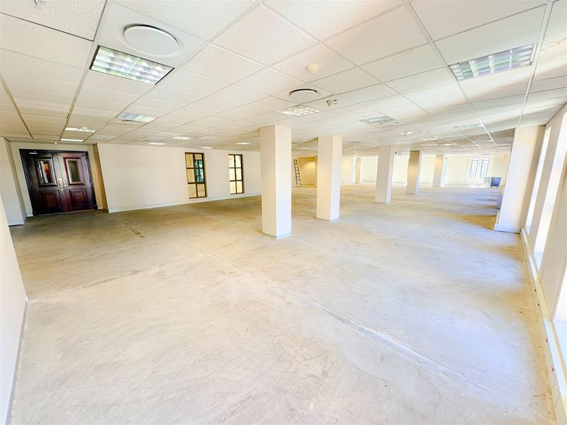 A spacious, open-plan office area featuring a suspended ceiling, recessed lighting, structural columns, and large windows, currently presented as a blank canvas.