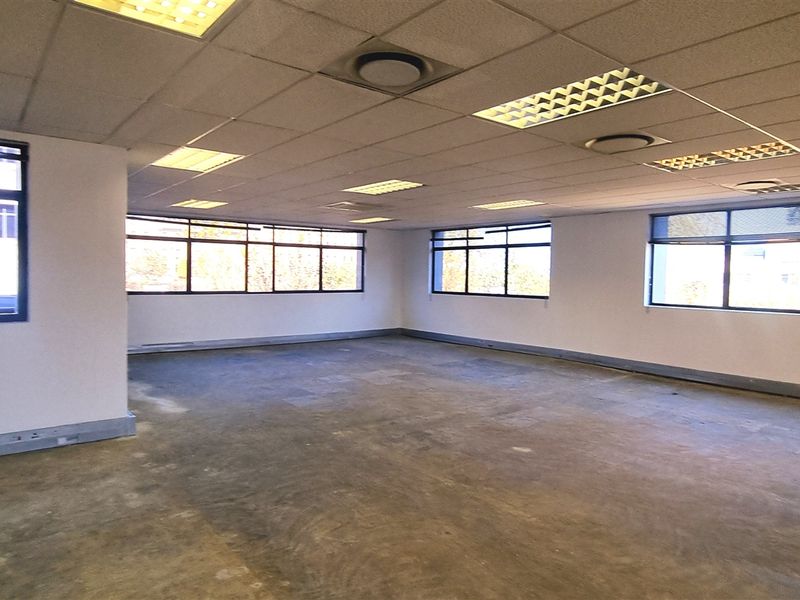 A spacious, vacant open-plan office area featuring a suspended ceiling, recessed lighting, and extensive windows providing ample natural light.