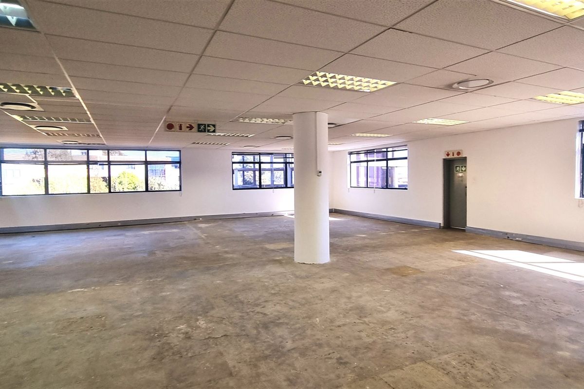 Spacious open-plan office area featuring a suspended ceiling, recessed lighting, and large windows providing ample natural light, ready for custom fit-out.